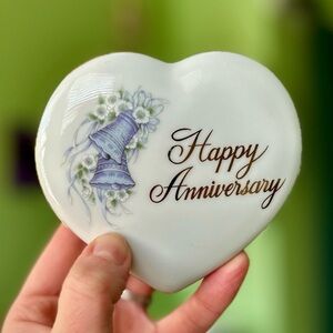 VTG Porcelain Happy Anniversary Wedding Bells Heart Shaped Trinket Dish With Lid